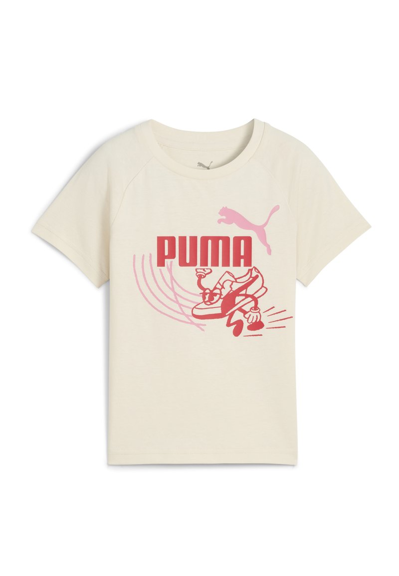 Krēma t-krekls ar sarkano "PUMA" logo un skrienošas kurpes grafiku, ar rozā akcentiem un izsmeļošu multfilmu stilu uz priekšpuses.