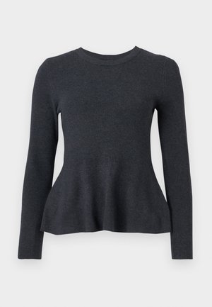 Mørk grå strikkegenser med rund hals, lange ermer og peplum-kant. Stoffet er ribbet med en myk tekstur.