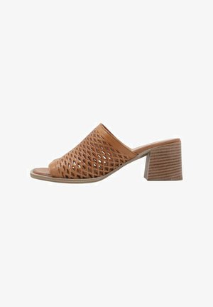Sandalia abierta de dedo en cuero color marrón, que presenta un diseño trenzado, un tacón cuadrado y una suela lisa. El tacón tiene un patrón horizontal texturizado.