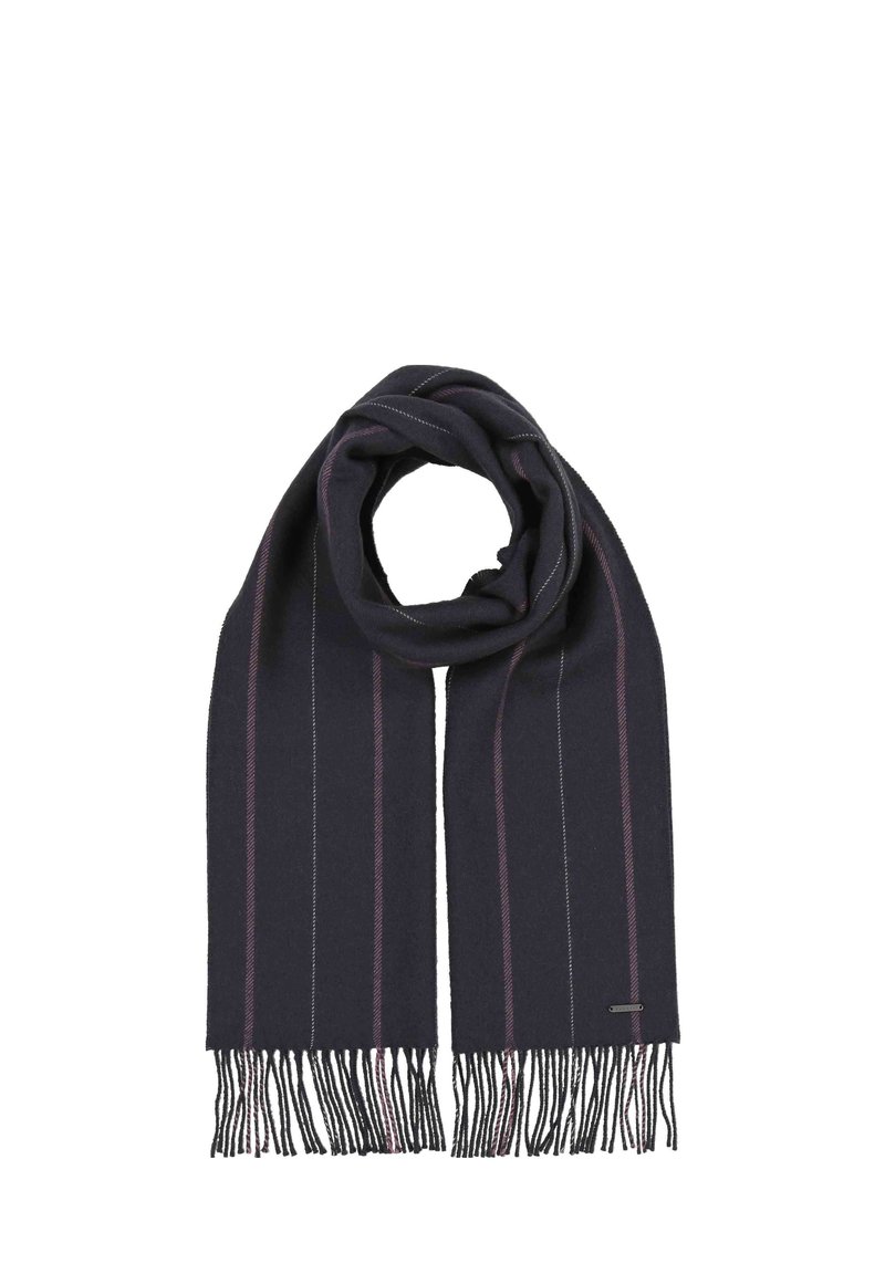 Sciarpa blu navy scuro con sottili strisce verticali in viola e bianco, dotata di lunghe frange a ciascun estremo e di un piccolo etichetta con logo. Tessuto morbido.
