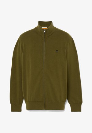 Olive green zip-up cardigan made from soft fabric, featuring a high collar, ribbed cuffs and hem, and a small black logo on the chest.