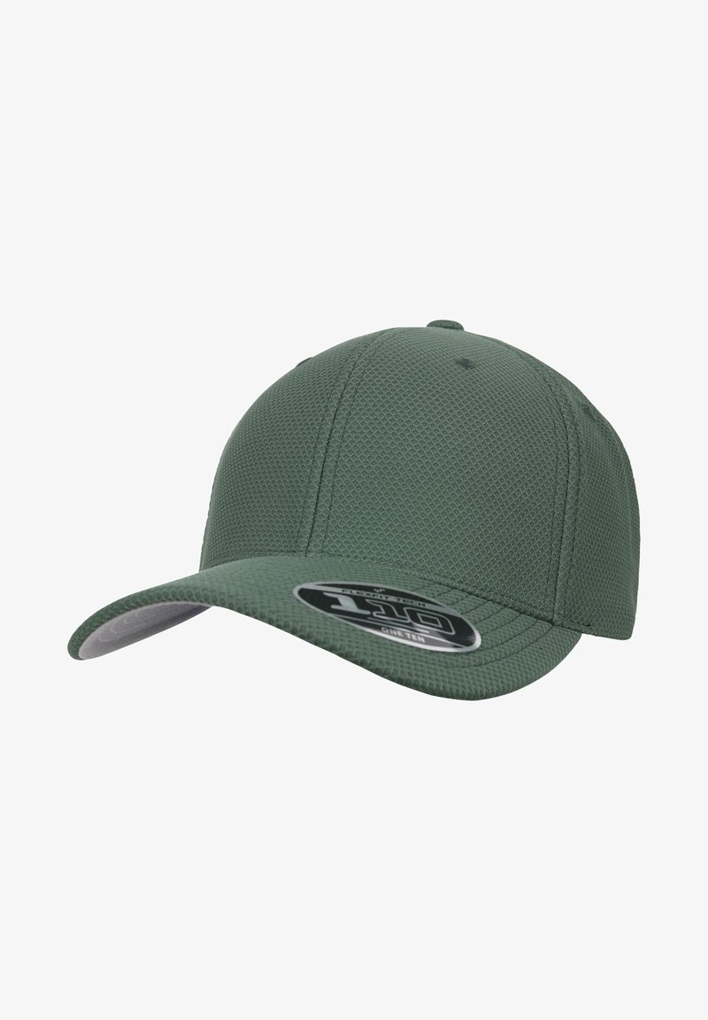 Grøn mesh baseball cap med en struktureret form. Har en buet skygge og et mærket sort og sølvlogo-patch på forsiden.
