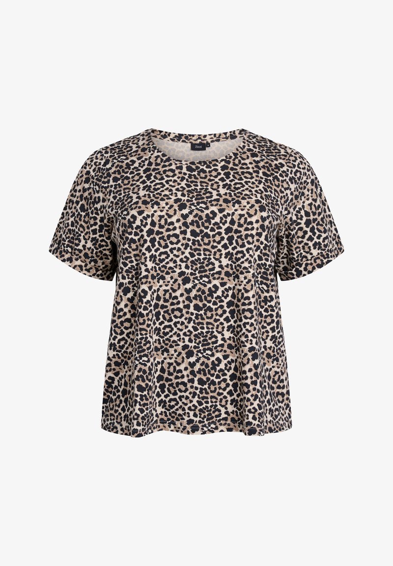 Leopard print short-sleeve top in beige and black, featuring a round neckline and relaxed fit with a soft texture.