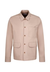 Giacca beige con colletto classico, chiusura frontale con bottoni, due ampie tasche frontali e vestibilità dritta. Tessuto dalla texture liscia.