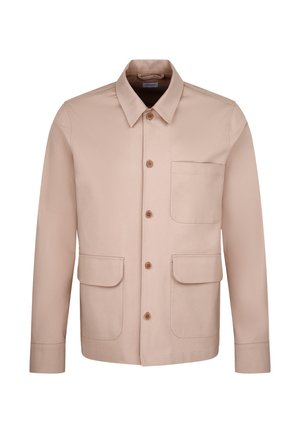 Giacca beige con colletto classico, chiusura frontale con bottoni, due ampie tasche frontali e vestibilità dritta. Tessuto dalla texture liscia.