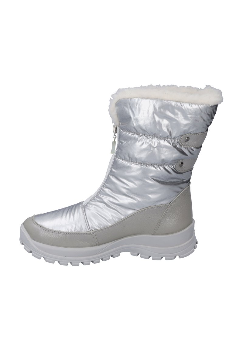 Bota de invierno plateada, impermeable, con parte superior acolchada, collar de piel sintética, cremallera lateral y suela de goma texturizada para mayor tracción.