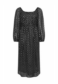 Musta pilkullinen mekko, jossa on neliönmuotoinen pääntie, pitkät läpinäkyvät hihat, rypytetty vyötärö ja virtaava siluetti. Pilkut hopeanvärisiä.