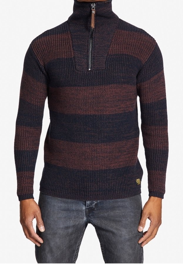 Pullover lavorato a maglia con colletto alto, caratterizzato da strisce blu scuro e bordeaux, tessuto testurizzato e chiusura a mezza zip.