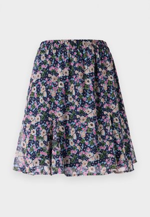 Blomstrete skjørt med elastisk midje. Har en mørk marineblå bakgrunn med rosa, hvite og grønne blomstermønstre. Lett og luftig stoff.