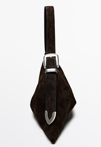 Brown suede bag with a triangular shape, featuring a narrow strap and a silver metal buckle accentuating the design.