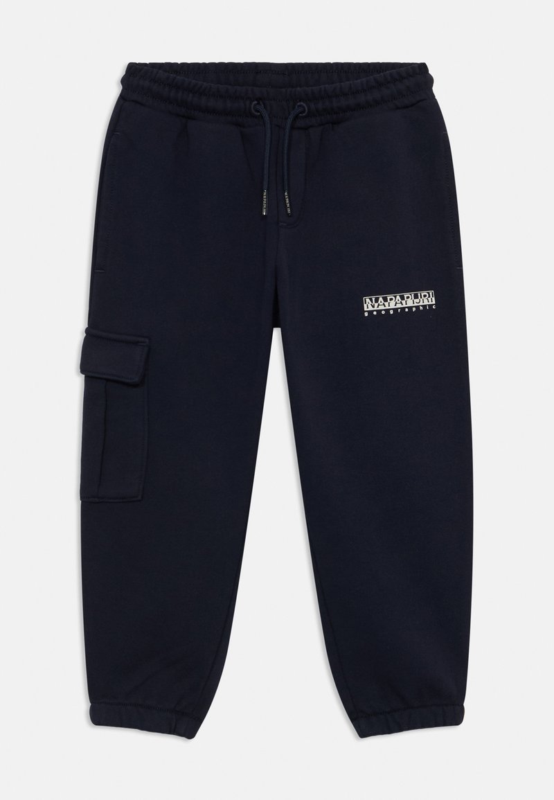 Pantalones jogger azul marino de algodón, con cintura elástica, bolsillo lateral tipo cargo y un logotipo blanco impreso en el muslo izquierdo.