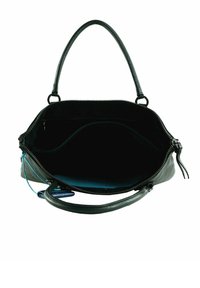 Sac en cuir gris avec une finition lisse ; fermeture éclair sur le dessus, poches intérieures et doublure bleue contrastante. Poignées doubles courtes incluses.