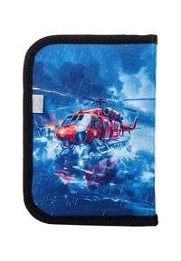 Red helicopter design on a blue stormy background, featuring a fabric cover with black edging and vibrant coloring.