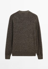 Dark brown sweater featuring ribbed neckline and cuffs, with a textured knit pattern throughout the fabric, long sleeves, and straight cut.