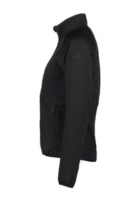 Chaqueta negra con cuello alto, bolsillos con cremallera y diseño ajustado. Presenta una textura suave y un acento de logo en el hombro.