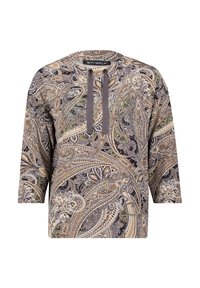 Bluzka z długim rękawem w skomplikowany wzór paisley w odcieniach beżu, brązu i czerni, z okrągłym dekoltem i ciemnoszarymi dzyndzlami z przodu.