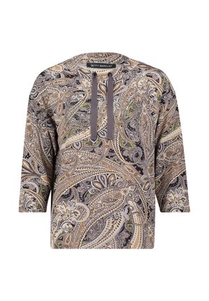 T-shirt à manches longues avec un motif paisley complexe beige, marron et noir, doté d'un col rond et de cordons de tirage avant gris foncé.