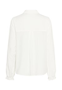 Blusa bianca a maniche lunghe con colletto, caratterizzata da una cucitura dritta sul retro e polsini arricciati, realizzata in un tessuto morbido e leggero.