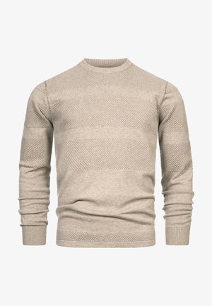 Jasnobeżowy sweter o fakturowanym wzorze z poziomymi pasami. Ściągacze na rękawach i kołnierzu. Miękka, dzianinowa tkanina o dopasowanym kroju.