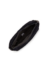 Black, furry-textured clutch bag with a zip closure. Interior features a smooth fabric lining and a label. Oval shape with soft edges.