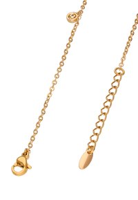 Aranyszínű fém láncnyaklánc, homárkapoccsal, ovális láncszemekből készült dizájnnal, és egy finom hosszabbítóval, amelyen egy polírozott ovális címke található.