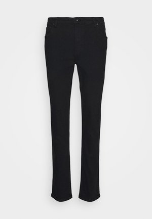 Melnas denima bikses ar šauru piegriezumu, piecu kabatu dizainu, ar rāvējslēdzēju un metāla pogu aizdari. Gluda tekstūra un nav redzamu rakstu.