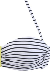 Gestreepte bikinitop met zwart-witte horizontale strepen, een gele gevlochten accentband en verstelbare schouderbanden.
