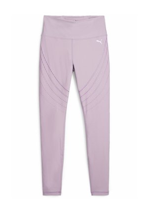 Leggings morados claros con una cintura alta, que cuentan con un diseño de puntos graduales a lo largo de los lados y un pequeño logo blanco. Textura suave.