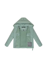 Jasnozielona, ocieplana kurtka z odpinanym kapturem, fakturowana podszewka, dwie przednie kieszenie oraz metka z instrukcjami prania wewnątrz.