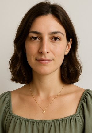 Frau mit schulterlangem braunem Haar, die ein grünes Oberteil mit quadratischem Ausschnitt und eine goldene Halskette mit einem Musiknoten-Anhänger trägt, neutraler Hintergrund.