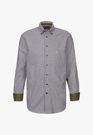 Karierter Hemd aus schwarz-weißer Baumwolle mit olivgrünen Manschetten. Verfügt über einen klassischen Kragen und blaue Knöpfe. Weicher Stoff.