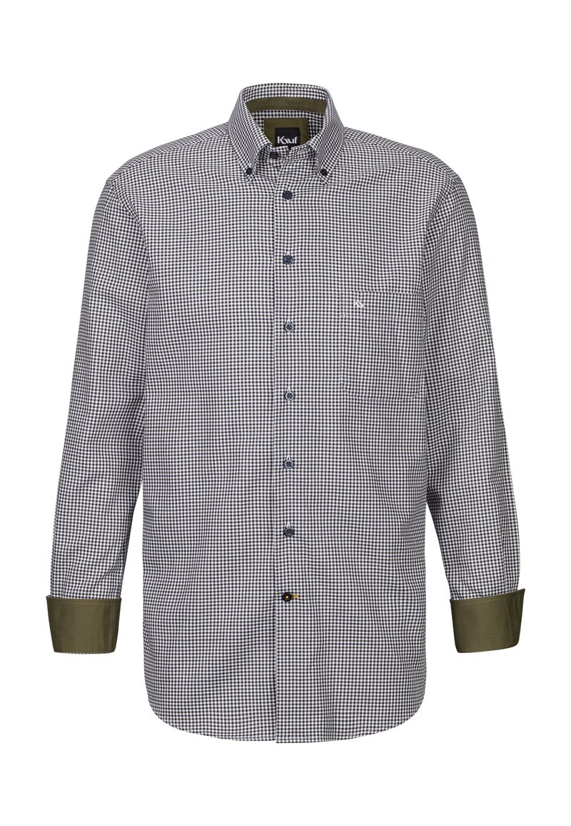 Camicia a quadri bianca e nera con polsini verdi oliva. Presenta un colletto standard e bottoni blu. Tessuto morbido.