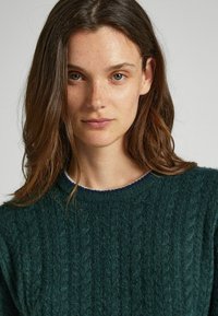 Maglione verde a maglia con un motivo testurizzato, dotato di un collo tondo e una finitura a contrasto in blu navy al colletto. Materiale morbido e caldo evidente.