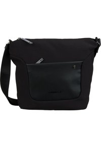 Borsa a spalla nera con tracolla regolabile, tasca frontale con zip e corpo in tessuto testurizzato con pannello frontale liscio simile alla pelle.