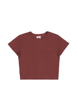 T-shirt a maniche corte crop in bordeaux tenue con scollo rotondo e sottile logo "element" ricamato al centro del petto.