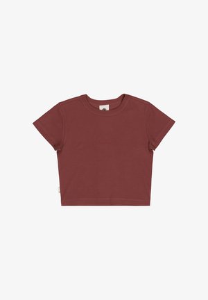 Kort mouw cropped t-shirt in gedempte kastanjebruin met ronde hals en subtiel geborduurd "element" logo in het midden van de borst.