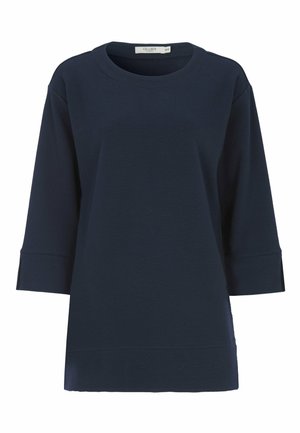 Navy blue relaxed-fit pullover, ribbed texture, round neckline, three-quarter sleeves, side slits at hem, made from soft fabric.