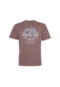 Brun bomulds T-shirt med korte ærmer, prydet med et hvidt grafik, der inkluderer en globus og tekst "British Luxury Closure Ldn."