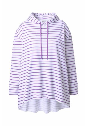 Bílá mikina s kapucí a fialovými vodorovnými pruhy, vybavená stahovací šňůrkou, dlouhými rukávy a zakřiveným lemem pro pohodlný střih.