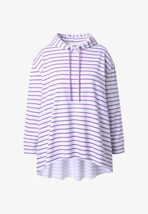 Felpa con cappuccio bianca a righe orizzontali viola, dotata di coulisse, maniche lunghe e orlo curvo per una vestibilità comoda.