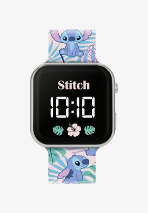 Digitale horloge met een vierkante zwarte wijzerplaat. De band heeft een lichtroze achtergrond met cartoonontwerpen van Stitch en tropische bladvormen.
