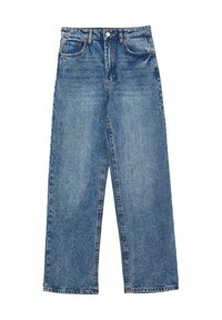 Jeans in denim azzurro chiaro con silouette a gamba larga, vita alta, tasche frontali e dettagli di cucitura arancione. Rifiniti con orlo dritto.