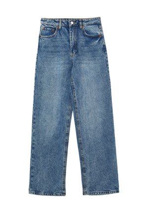 Helle blaue Jeans im weit geschnittenen Design, hohe Taille, Fronttaschen und orangefarbene Nähte. Mit einem geraden Saum abgeschlossen.