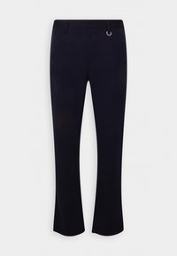 Flared navy pants made of textured fabric, featuring a discreet front pocket and a metallic accent at the waistband.