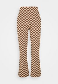 Rutor-mönstrade utsvängda byxor i brunt och krämigt. Tillverkade av mjukt tyg med elastiskt midjeband, med en figurnära silhuett och utsvängd nederkant.