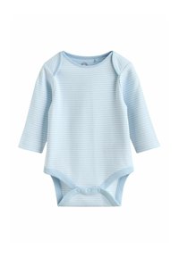 Pikad varrukad beebikeha, hele sinises toonis, peenete vertikaalsete triipudega, ümar kaelus ja nööbikesed allosas.