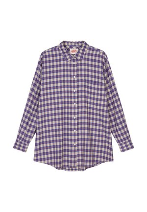 Overhemd met knopen in ruitpatroon met paarse en beige vierkanten, voorzien van een kraag, lange mouwen en een afgeronde zoom. Witte knopen aan de voorkant.