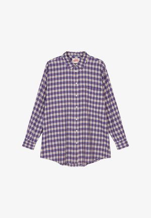 Overhemd met knopen in ruitpatroon met paarse en beige vierkanten, voorzien van een kraag, lange mouwen en een afgeronde zoom. Witte knopen aan de voorkant.