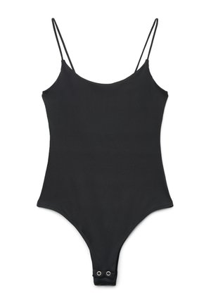 Body nero senza maniche con sottili spalline regolabili e chiusure a scatto nell'area dell'inguine, posato su sfondo bianco.