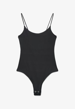Body nero senza maniche con sottili spalline regolabili e chiusure a scatto nell'area dell'inguine, posato su sfondo bianco.